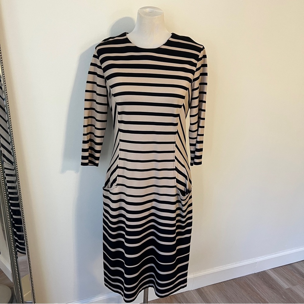 J.McLaughlin Black Cream Striped Midi Dress Pockets Size L